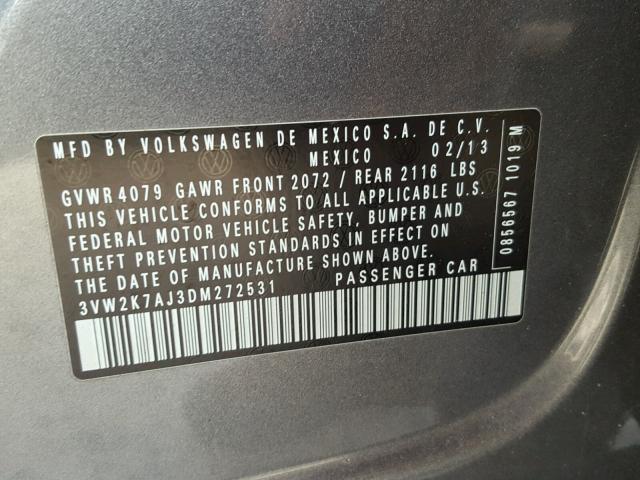 3VW2K7AJ3DM272531 - 2013 VOLKSWAGEN JETTA BASE 灰色 照片 10