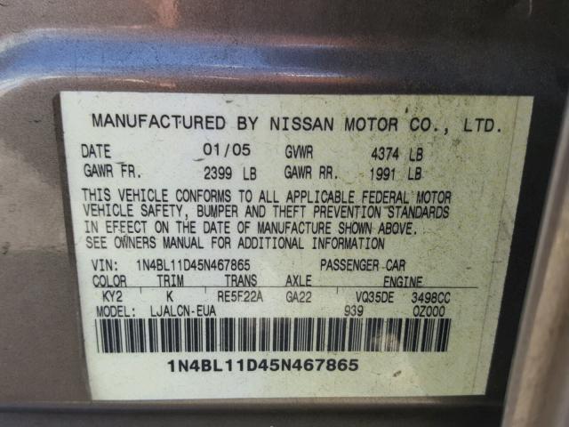 1N4BL11D45N467865 - 2005 NISSAN ALTIMA SE GRAY photo 10