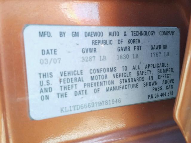 KL1TD66697B781946 - 2007 CHEVROLET AVEO BASE Қызғылт сары фото 10