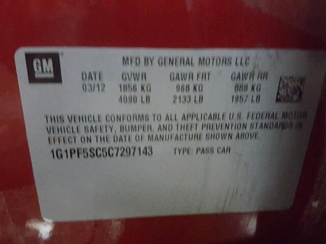 1G1PF5SC5C7297143 - 2012 CHEVROLET CRUZE LT RED photo 10