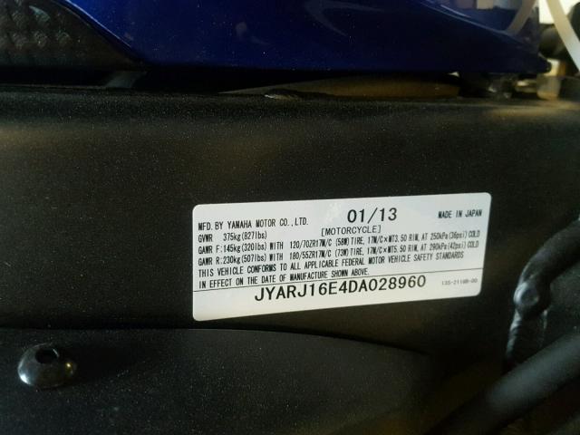 JYARJ16E4DA028960 - 2013 YAMAHA YZFR6 BLUE photo 10