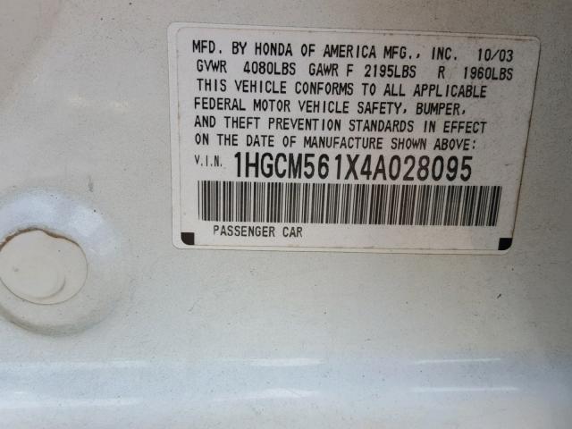 1HGCM561X4A028095 - 2004 HONDA ACCORD DX WHITE photo 10