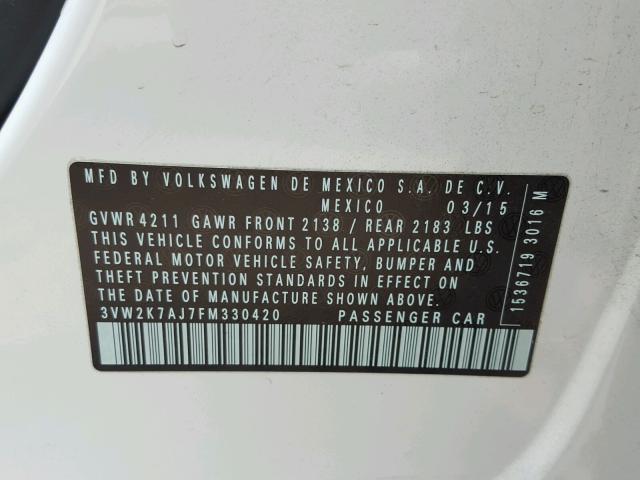 3VW2K7AJ7FM330420 - 2015 VOLKSWAGEN JETTA BASE Սպիտակ լուսանկար 10