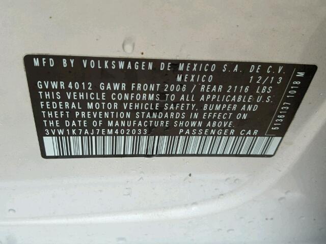 3VW1K7AJ7EM402033 - 2014 VOLKSWAGEN JETTA BASE 银色 照片 10