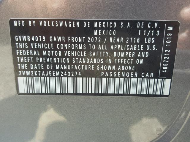 3VW2K7AJ5EM243274 - 2014 VOLKSWAGEN JETTA BASE 灰色 照片 10