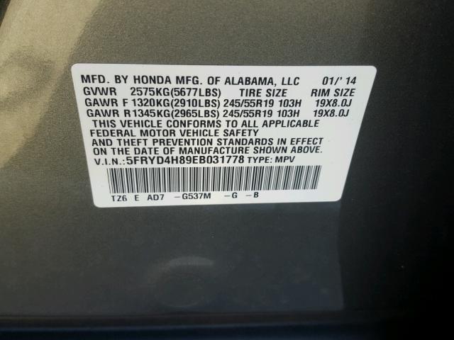 5FRYD4H89EB031778 - 2014 ACURA MDX ADVANC GRAY photo 10