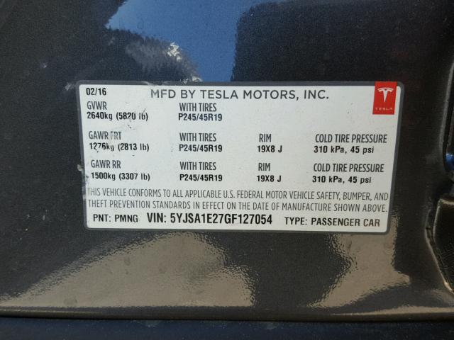 5YJSA1E27GF127054 - 2016 TESLA MODEL S CHARCOAL photo 10