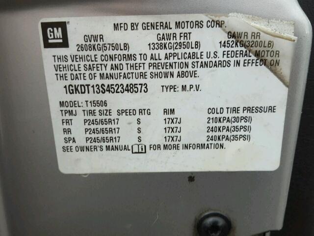 1GKDT13S452348573 - 2005 GMC ENVOY SILVER photo 10