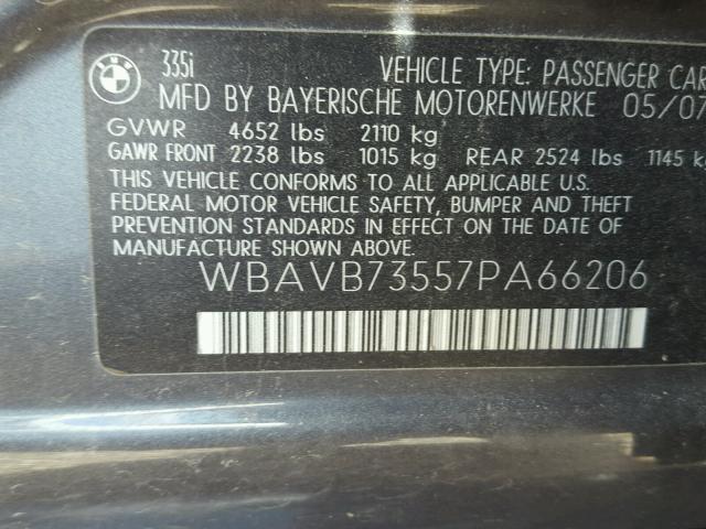 WBAVB73557PA66206 - 2007 BMW 335 I GRAY photo 10