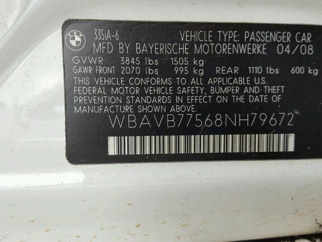 WBAVB77568NH79672 - 2008 BMW 335 I WHITE photo 10