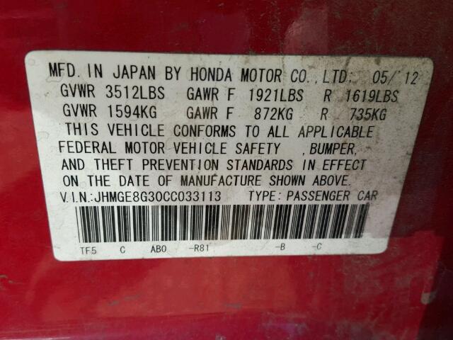 JHMGE8G30CC033113 - 2012 HONDA FIT SILVER photo 10