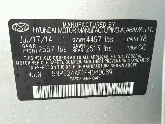 5NPE24AF1FH040089 - 2015 HYUNDAI SONATA SE SILVER photo 10