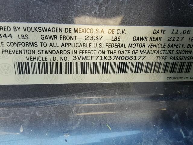 3VWEF71K37M086177 - 2007 VOLKSWAGEN JETTA WOLF GRAY photo 10