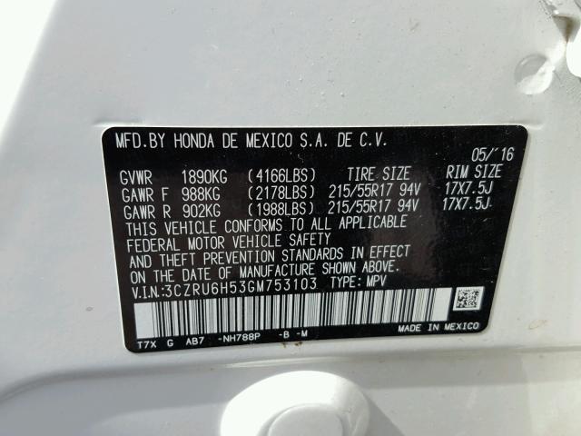 3CZRU6H53GM753103 - 2016 HONDA HR-V EX WHITE photo 10