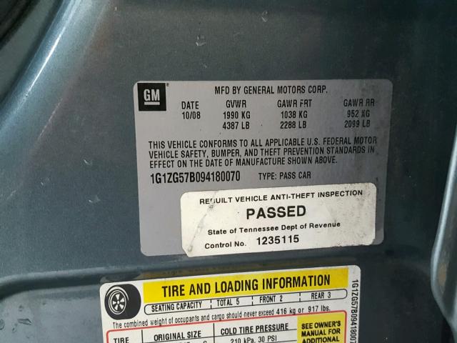 1G1ZG57B094180070 - 2009 CHEVROLET MALIBU LS GREEN photo 10