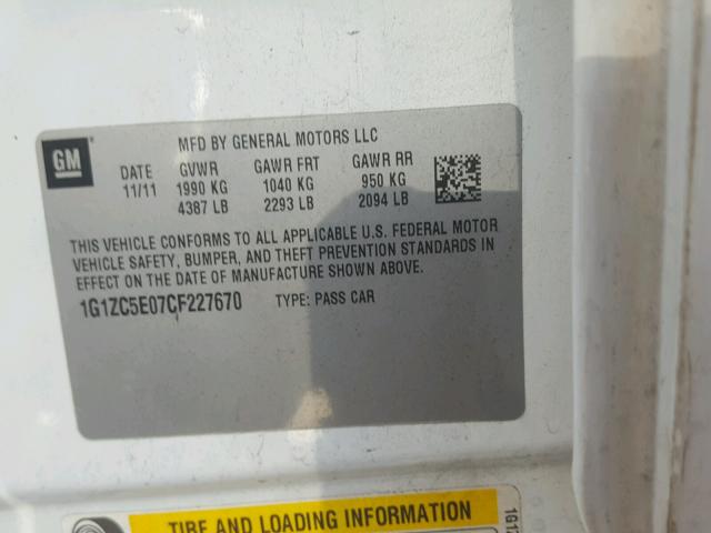 1G1ZC5E07CF227670 - 2012 CHEVROLET MALIBU 1LT WHITE photo 10