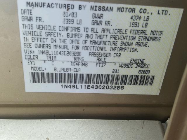 1N4BL11E43C203286 - 2003 NISSAN ALTIMA SE TAN photo 10