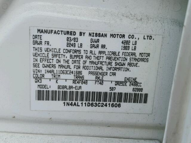 1N4AL11D63C241606 - 2003 NISSAN ALTIMA/S/S WHITE photo 10