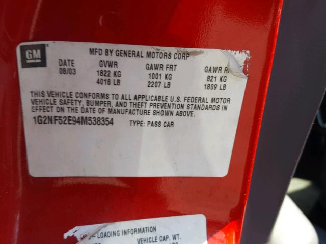 1G2NF52E94M538354 - 2004 PONTIAC GRAND AM S 红色 照片 10