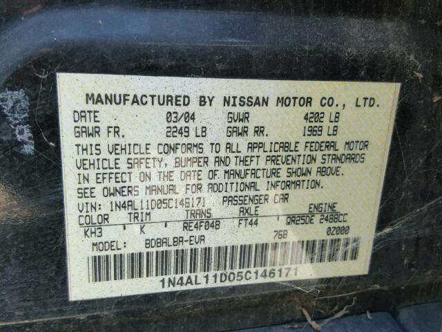 1N4AL11D05C146171 - 2005 NISSAN ALTIMA S/S BLACK photo 10