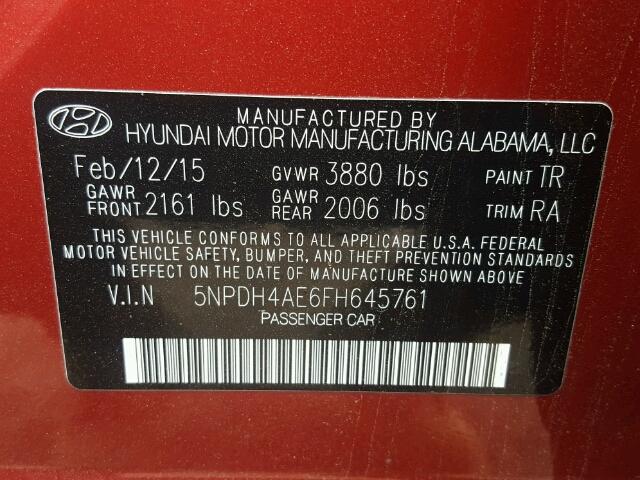 5NPDH4AE6FH645761 - 2015 HYUNDAI ELANTRA SE RED photo 10