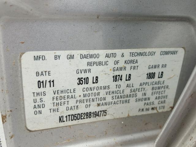 KL1TD5DE2BB194775 - 2011 CHEVROLET AVEO LS SILVER photo 10