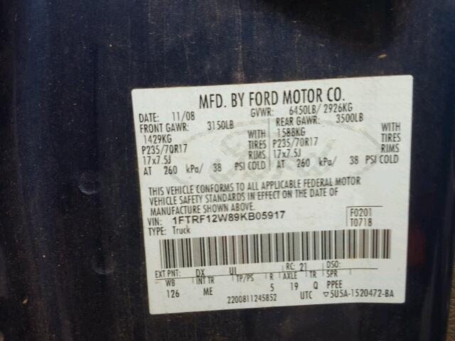 1FTRF12W89KB05917 - 2009 FORD F150 BLUE photo 10