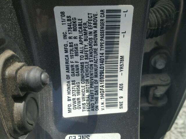 1HGFA16929L014014 - 2009 HONDA CIVIC EXL GRAY photo 10