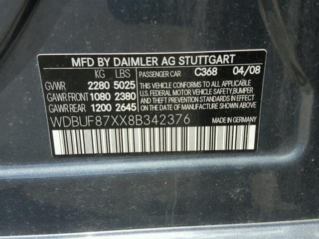 WDBUF87XX8B342376 - 2008 MERCEDES-BENZ E 350 4MAT GRAY photo 10