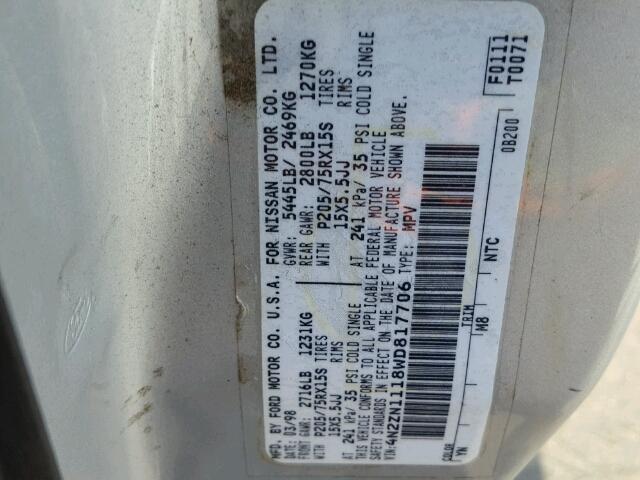 4N2ZN1118WD817706 - 2000 NISSAN QUEST SILVER photo 10