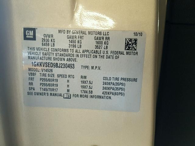 1GKKVSED9BJ230493 - 2011 GMC ACADIA SLT 金色 照片 10