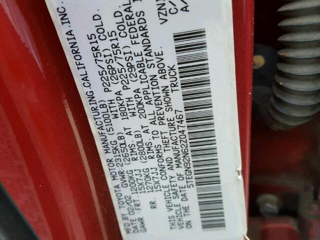 5TEGN92N62Z047467 - 2002 TOYOTA TACOMA DOU RED photo 10