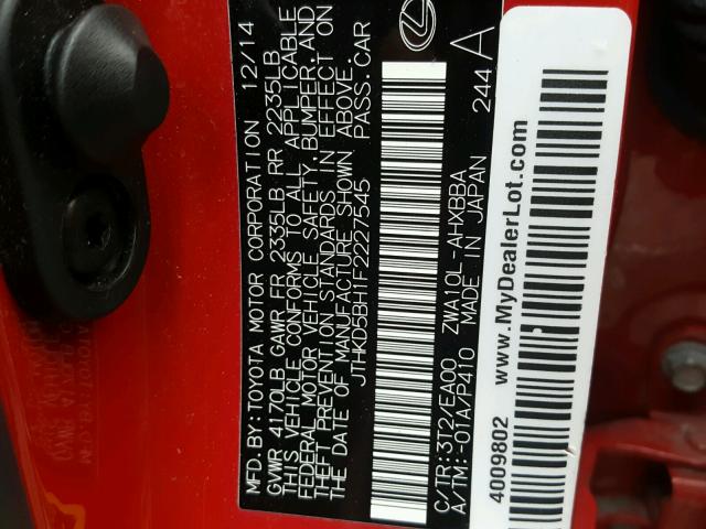 JTHKD5BH1F2227545 - 2015 LEXUS CT 200 RED photo 10