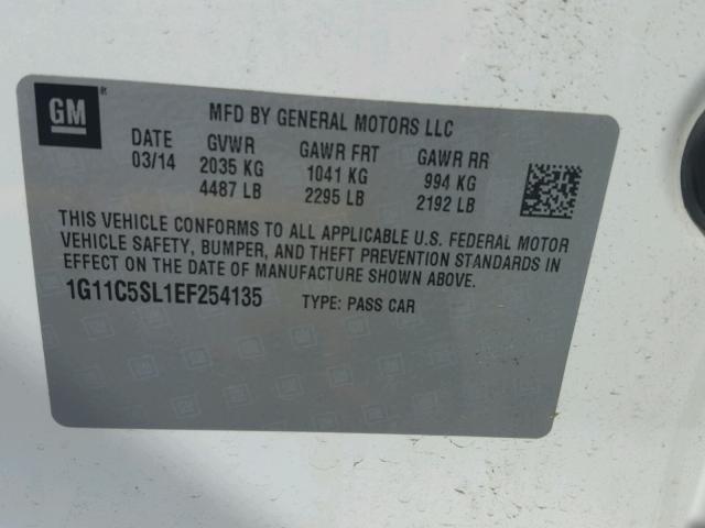 1G11C5SL1EF254135 - 2014 CHEVROLET MALIBU 1LT WHITE photo 10