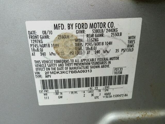 2FMDK3KC7BBA09313 - 2011 FORD EDGE SILVER photo 10