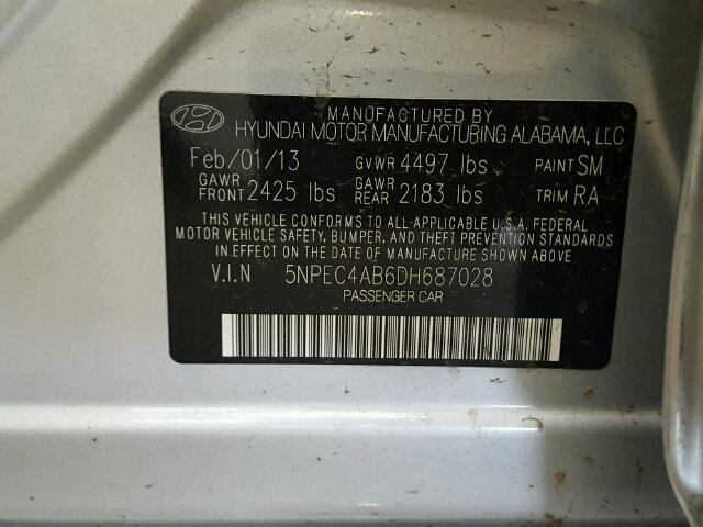 5NPEC4AB6DH687028 - 2013 HYUNDAI SONATA SE SILVER photo 10