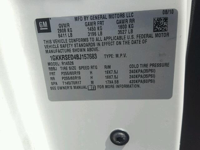 1GKKRSED4BJ157683 - 2011 GMC ACADIA SLT თეთრი ფოტო 10