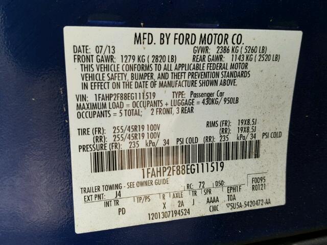 1FAHP2F88EG111519 - 2014 FORD TAURUS LIM BLUE photo 10