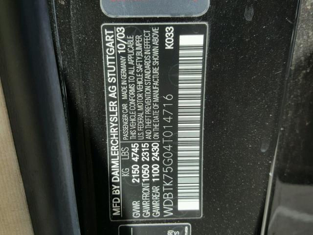 WDBTK75G04T014716 - 2004 MERCEDES-BENZ CLK 500 BLACK photo 10