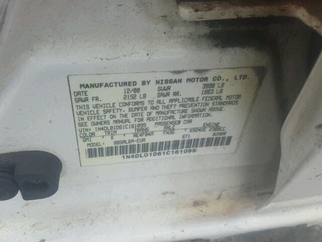 1N4DL01D61C161095 - 2001 NISSAN ALTIMA XE WHITE photo 10