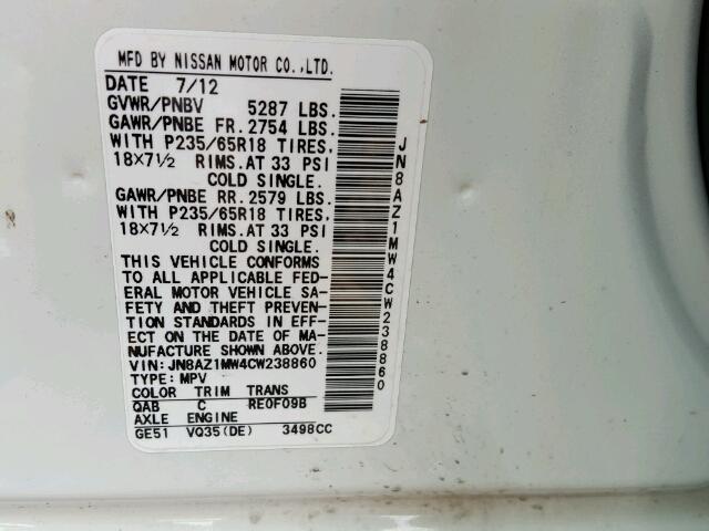 JN8AZ1MW4CW238860 - 2012 NISSAN MURANO S/S WHITE photo 10