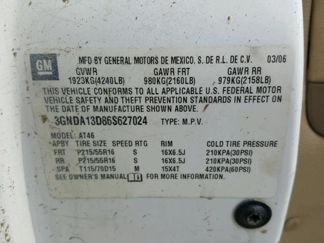 3GNDA13D86S627024 - 2006 CHEVROLET HHR LS WHITE photo 10