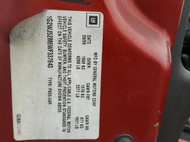 1G2WJ52M6WF337643 - 1998 PONTIAC GRAND PRIX RED photo 10