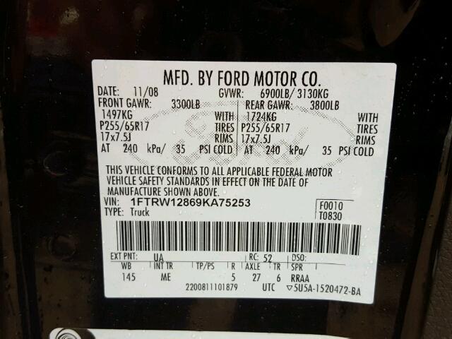 1FTRW12869KA75253 - 2009 FORD F150 SUPER BLACK photo 10