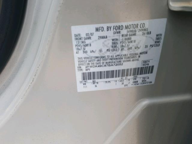 2FMDK49C87BA72052 - 2007 FORD EDGE SEL P CREAM photo 10