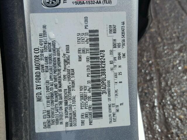 3FADP0L38BR282478 - 2011 FORD FUSION HYB SILVER photo 10