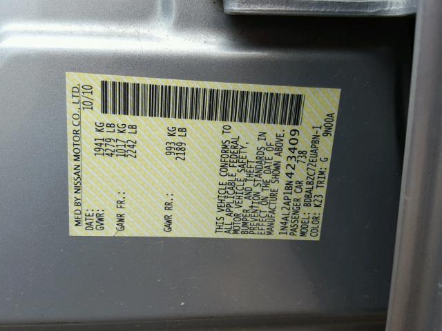 1N4AL2AP1BN423409 - 2011 NISSAN ALTIMA BAS SILVER photo 10