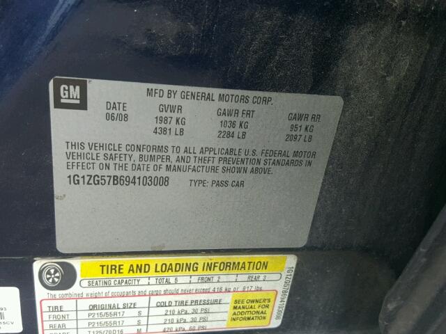 1G1ZG57B694103008 - 2009 CHEVROLET MALIBU BLUE photo 10