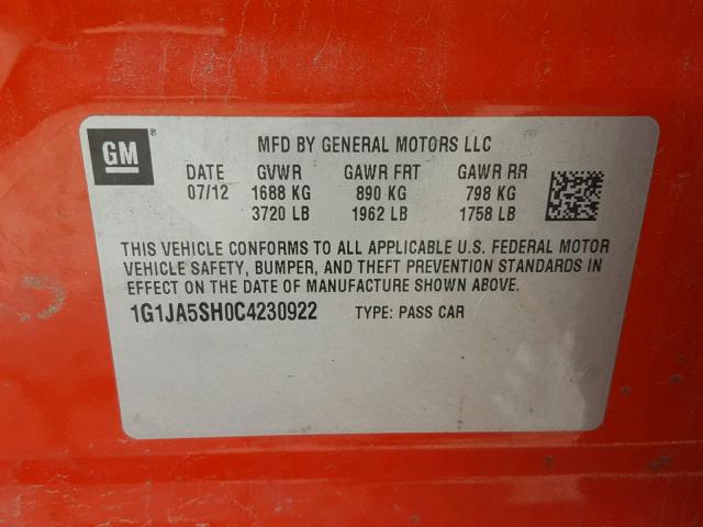 1G1JA5SH0C4230922 - 2012 CHEVROLET SONIC LS 橙色 照片 10