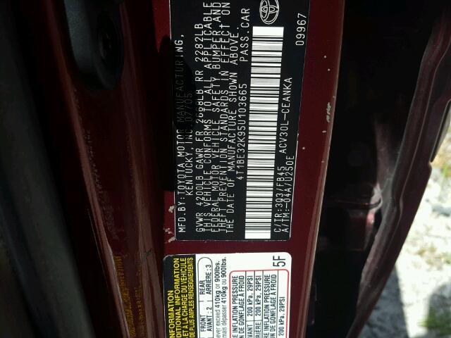 4T1BE32K95U103665 - 2005 TOYOTA CAMRY LE წითელი ფოტო 10